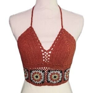 Boho Crochet Halter Crop Top Granny Square Tie Festival Bralette Rust Brown S/M
